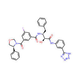 O=C(N[C@@H](Cc1ccccc1)[C@H](O)C(=O)Nc1cccc(-c2nnn[nH]2)c1)c1cc(I)cc(C(=O)N2COC[C@@H]2c2ccccc2)c1 ZINC000095551555