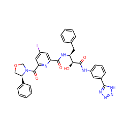 O=C(N[C@@H](Cc1ccccc1)[C@H](O)C(=O)Nc1cccc(-c2nnn[nH]2)c1)c1cc(I)cc(C(=O)N2COC[C@@H]2c2ccccc2)n1 ZINC000095615793