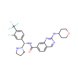 O=C(N[C@@H](c1ccc(C(F)(F)F)c(F)c1)[C@@H]1CCCN1)c1ccc2cnc(NC3CCOCC3)nc2c1 ZINC000207574794