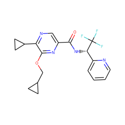 O=C(N[C@@H](c1ccccn1)C(F)(F)F)c1cnc(C2CC2)c(OCC2CC2)n1 ZINC000207378237