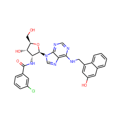 O=C(N[C@@H]1[C@H](O)[C@@H](CO)O[C@H]1n1cnc2c(NCc3cc(O)cc4ccccc34)ncnc21)c1cccc(Cl)c1 ZINC000026186189