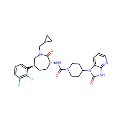 O=C(N[C@@H]1CC[C@@H](c2cccc(F)c2F)CN(CC2CC2)C1=O)N1CCC(n2c(=O)[nH]c3ncccc32)CC1 ZINC000028827345