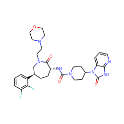 O=C(N[C@@H]1CC[C@@H](c2cccc(F)c2F)CN(CCN2CCOCC2)C1=O)N1CCC(n2c(=O)[nH]c3ncccc32)CC1 ZINC000028827339