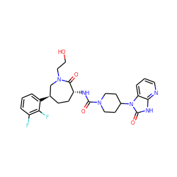 O=C(N[C@@H]1CC[C@@H](c2cccc(F)c2F)CN(CCO)C1=O)N1CCC(n2c(=O)[nH]c3ncccc32)CC1 ZINC000028827336