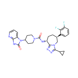 O=C(N[C@@H]1CC[C@@H](c2cccc(F)c2F)Cn2c(C3CC3)nnc21)N1CCC(n2c(=O)[nH]c3ncccc32)CC1 ZINC000071335353