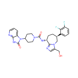 O=C(N[C@@H]1CC[C@@H](c2cccc(F)c2F)Cn2c(CO)cnc21)N1CCC(n2c(=O)[nH]c3ncccc32)CC1 ZINC000043129270