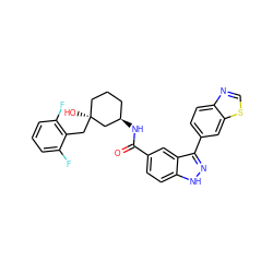 O=C(N[C@@H]1CCC[C@](O)(Cc2c(F)cccc2F)C1)c1ccc2[nH]nc(-c3ccc4ncsc4c3)c2c1 ZINC000200797318