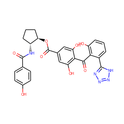 O=C(N[C@@H]1CCC[C@H]1OC(=O)c1cc(O)c(C(=O)c2c(O)cccc2-c2nnn[nH]2)c(O)c1)c1ccc(O)cc1 ZINC000014944159