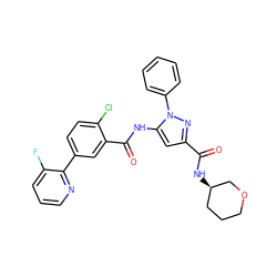 O=C(N[C@@H]1CCCOC1)c1cc(NC(=O)c2cc(-c3ncccc3F)ccc2Cl)n(-c2ccccc2)n1 ZINC001772578005