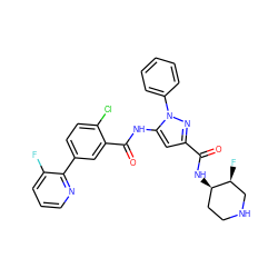 O=C(N[C@@H]1CCNC[C@@H]1F)c1cc(NC(=O)c2cc(-c3ncccc3F)ccc2Cl)n(-c2ccccc2)n1 ZINC001772657938