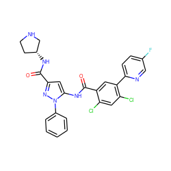 O=C(N[C@@H]1CCNC1)c1cc(NC(=O)c2cc(-c3ccc(F)cn3)c(Cl)cc2Cl)n(-c2ccccc2)n1 ZINC001772603430