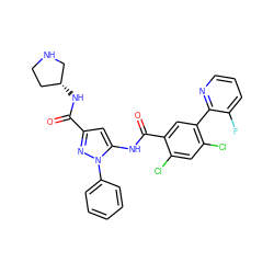 O=C(N[C@@H]1CCNC1)c1cc(NC(=O)c2cc(-c3ncccc3F)c(Cl)cc2Cl)n(-c2ccccc2)n1 ZINC001772619390