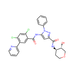 O=C(N[C@@H]1CCOC[C@H]1O)c1cc(NC(=O)c2cc(-c3ccccn3)c(Cl)cc2Cl)n(-c2ccccc2)n1 ZINC001772646866