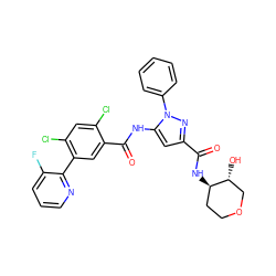 O=C(N[C@@H]1CCOC[C@H]1O)c1cc(NC(=O)c2cc(-c3ncccc3F)c(Cl)cc2Cl)n(-c2ccccc2)n1 ZINC001772639921