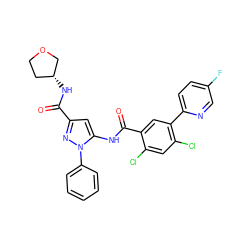 O=C(N[C@@H]1CCOC1)c1cc(NC(=O)c2cc(-c3ccc(F)cn3)c(Cl)cc2Cl)n(-c2ccccc2)n1 ZINC001772593110