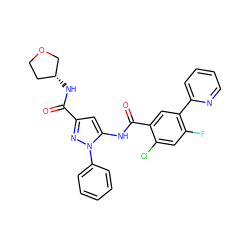 O=C(N[C@@H]1CCOC1)c1cc(NC(=O)c2cc(-c3ccccn3)c(F)cc2Cl)n(-c2ccccc2)n1 ZINC001772589031