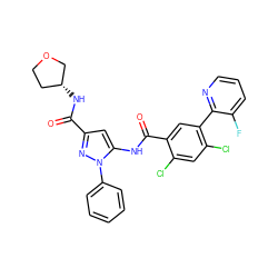 O=C(N[C@@H]1CCOC1)c1cc(NC(=O)c2cc(-c3ncccc3F)c(Cl)cc2Cl)n(-c2ccccc2)n1 ZINC001772630983