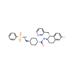 O=C(N[C@@H]1CCc2cc(F)ccc2[C@H]1Cc1cccnc1)[C@H]1CC[C@H](CNS(=O)(=O)c2ccccc2)CC1 ZINC000299847887