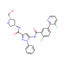 O=C(N[C@@H]1CN[C@H](CO)C1)c1cc(NC(=O)c2cc(-c3ncccc3F)ccc2Cl)n(-c2ccccc2)n1 ZINC001772598041