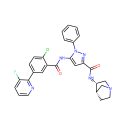 O=C(N[C@@H]1CN2CC[C@H]1C2)c1cc(NC(=O)c2cc(-c3ncccc3F)ccc2Cl)n(-c2ccccc2)n1 ZINC001772628169