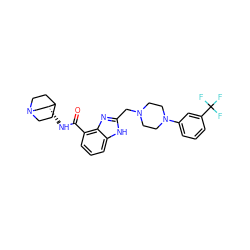 O=C(N[C@@H]1CN2CCC1CC2)c1cccc2[nH]c(CN3CCN(c4cccc(C(F)(F)F)c4)CC3)nc12 ZINC000013539223