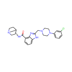 O=C(N[C@@H]1CN2CCC1CC2)c1cccc2[nH]c(CN3CCN(c4cccc(Cl)c4)CC3)nc12 ZINC000013539229