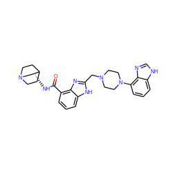 O=C(N[C@@H]1CN2CCC1CC2)c1cccc2[nH]c(CN3CCN(c4cccc5[nH]cnc45)CC3)nc12 ZINC000013539250