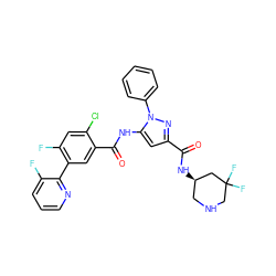 O=C(N[C@@H]1CNCC(F)(F)C1)c1cc(NC(=O)c2cc(-c3ncccc3F)c(F)cc2Cl)n(-c2ccccc2)n1 ZINC001772593806