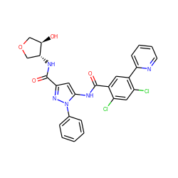 O=C(N[C@@H]1COC[C@H]1O)c1cc(NC(=O)c2cc(-c3ccccn3)c(Cl)cc2Cl)n(-c2ccccc2)n1 ZINC001772588948