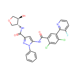 O=C(N[C@@H]1COC[C@H]1O)c1cc(NC(=O)c2cc(-c3ncccc3F)c(Cl)cc2Cl)n(-c2ccccc2)n1 ZINC001772599621