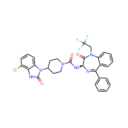 O=C(N[C@@H]1N=C(c2ccccc2)c2ccccc2N(CC(F)(F)F)C1=O)N1CCC(n2c(=O)[nH]c3c(Cl)cccc32)CC1 ZINC000036177832