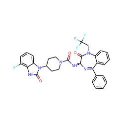 O=C(N[C@@H]1N=C(c2ccccc2)c2ccccc2N(CC(F)(F)F)C1=O)N1CCC(n2c(=O)[nH]c3c(F)cccc32)CC1 ZINC000036177829