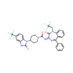 O=C(N[C@@H]1N=C(c2ccccc2)c2ccccc2N(CC(F)(F)F)C1=O)N1CCC(n2c(=O)[nH]c3cc(C(F)(F)F)ccc32)CC1 ZINC000049778207