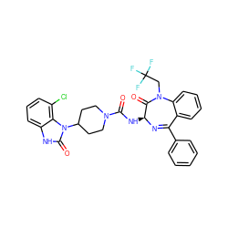 O=C(N[C@@H]1N=C(c2ccccc2)c2ccccc2N(CC(F)(F)F)C1=O)N1CCC(n2c(=O)[nH]c3cccc(Cl)c32)CC1 ZINC000036177910