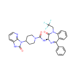 O=C(N[C@@H]1N=C(c2ccccc2)c2ccccc2N(CC(F)(F)F)C1=O)N1CCC(n2c(=O)[nH]c3cccnc32)CC1 ZINC000036177895