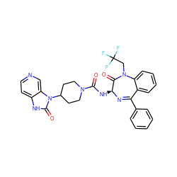 O=C(N[C@@H]1N=C(c2ccccc2)c2ccccc2N(CC(F)(F)F)C1=O)N1CCC(n2c(=O)[nH]c3ccncc32)CC1 ZINC000036177884