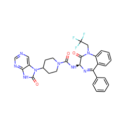 O=C(N[C@@H]1N=C(c2ccccc2)c2ccccc2N(CC(F)(F)F)C1=O)N1CCC(n2c(=O)[nH]c3ncncc32)CC1 ZINC000036177802