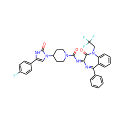 O=C(N[C@@H]1N=C(c2ccccc2)c2ccccc2N(CC(F)(F)F)C1=O)N1CCC(n2cc(-c3ccc(F)cc3)[nH]c2=O)CC1 ZINC000036177934