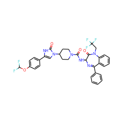 O=C(N[C@@H]1N=C(c2ccccc2)c2ccccc2N(CC(F)(F)F)C1=O)N1CCC(n2cc(-c3ccc(OC(F)F)cc3)[nH]c2=O)CC1 ZINC000049781951