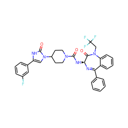 O=C(N[C@@H]1N=C(c2ccccc2)c2ccccc2N(CC(F)(F)F)C1=O)N1CCC(n2cc(-c3cccc(F)c3)[nH]c2=O)CC1 ZINC000036177864