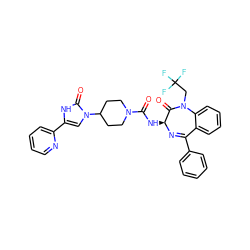 O=C(N[C@@H]1N=C(c2ccccc2)c2ccccc2N(CC(F)(F)F)C1=O)N1CCC(n2cc(-c3ccccn3)[nH]c2=O)CC1 ZINC000036177943