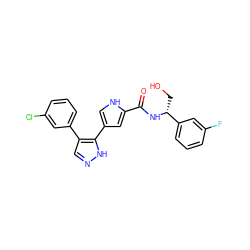 O=C(N[C@H](CO)c1cccc(F)c1)c1cc(-c2[nH]ncc2-c2cccc(Cl)c2)c[nH]1 ZINC000014959253