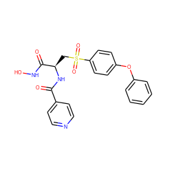 O=C(N[C@H](CS(=O)(=O)c1ccc(Oc2ccccc2)cc1)C(=O)NO)c1ccncc1 ZINC000026647361