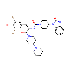 O=C(N[C@H](Cc1cc(Br)c(O)c(Br)c1)C(=O)N1CCC(N2CCCCC2)CC1)N1CCC(n2c(=O)[nH]c3ccccc32)CC1 ZINC000084708775