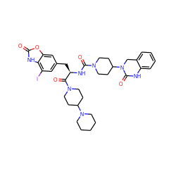 O=C(N[C@H](Cc1cc(I)c2[nH]c(=O)oc2c1)C(=O)N1CCC(N2CCCCC2)CC1)N1CCC(N2Cc3ccccc3NC2=O)CC1 ZINC000095590054