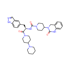 O=C(N[C@H](Cc1ccc2[nH]ncc2c1)C(=O)N1CCC(N2CCCCC2)CC1)N1CCC(N2Cc3ccccc3NC2=O)CC1 ZINC000003918044