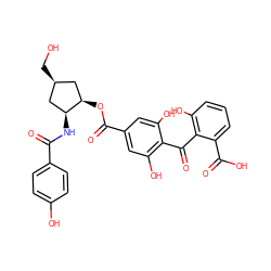 O=C(N[C@H]1C[C@@H](CO)C[C@H]1OC(=O)c1cc(O)c(C(=O)c2c(O)cccc2C(=O)O)c(O)c1)c1ccc(O)cc1 ZINC000026249166