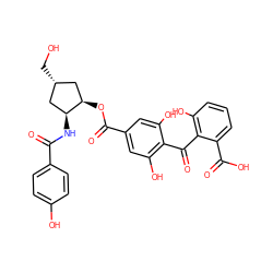 O=C(N[C@H]1C[C@H](CO)C[C@H]1OC(=O)c1cc(O)c(C(=O)c2c(O)cccc2C(=O)O)c(O)c1)c1ccc(O)cc1 ZINC000026261374