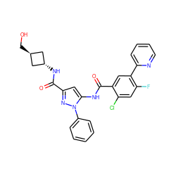 O=C(N[C@H]1C[C@H](CO)C1)c1cc(NC(=O)c2cc(-c3ccccn3)c(F)cc2Cl)n(-c2ccccc2)n1 ZINC001772587159