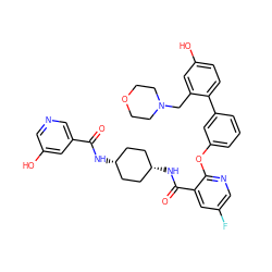 O=C(N[C@H]1CC[C@@H](NC(=O)c2cc(F)cnc2Oc2cccc(-c3ccc(O)cc3CN3CCOCC3)c2)CC1)c1cncc(O)c1 ZINC000261174453